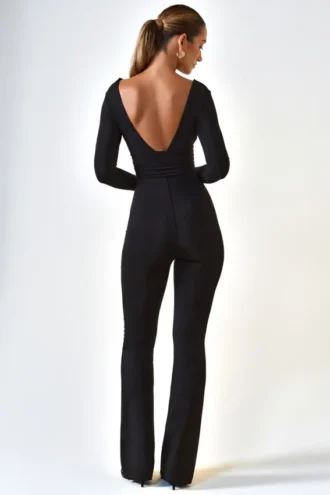 Helene Modal Ruched Plunge Flared Jumpsuit i svart