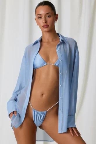 Hiva Oversized-skjorta med pärldetaljer i himmelsblått
