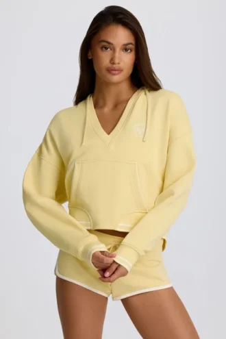 Hoodie i bomullsjersey med V-ringning i färgen Lemon