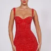 Ines Embellished Sweetheart Corset Miniklänning i Fire Red