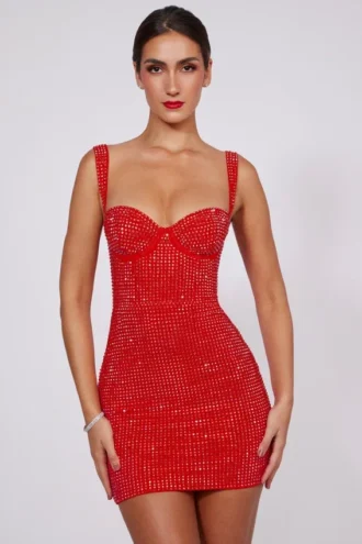 Ines Embellished Sweetheart Corset Miniklänning i Fire Red