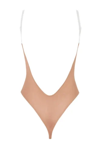 Intimates Bodys i mjuk mesh med osynliga axelband och string i Warm Peach
