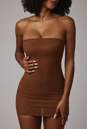 Intimates Soft Sheer-Mesh Bandeau Mini Slip Klänning i Mocha