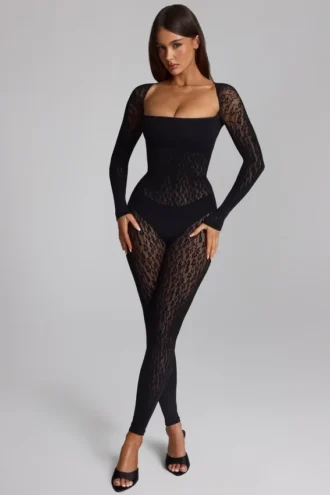 Irina långärmad sömlös stickad Jumpsuit i svart