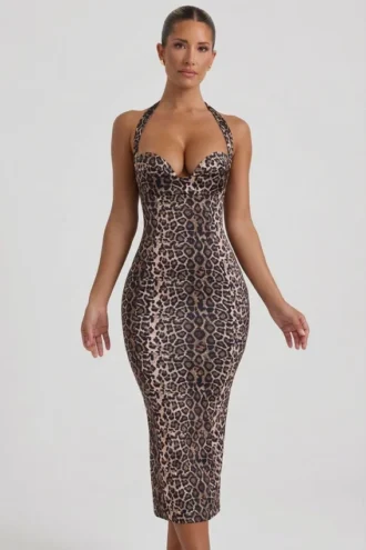 Ismay midilång bodycon-klänning med lager på lager och halterneck i leopardmönster