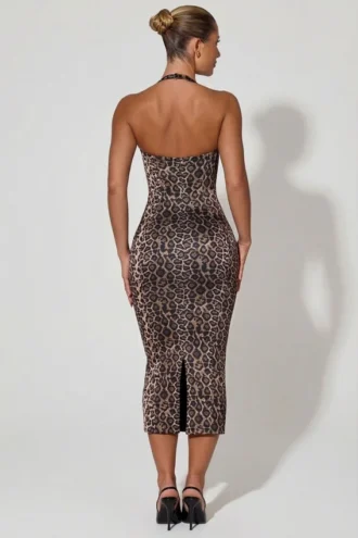 Ismay midilång bodycon-klänning med lager på lager och halterneck i leopardmönster