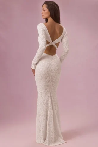Isolde Lace Long-Sleeve Maxiklänning i ivory
