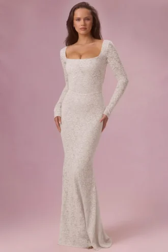 Isolde Lace Long-Sleeve Maxiklänning i ivory