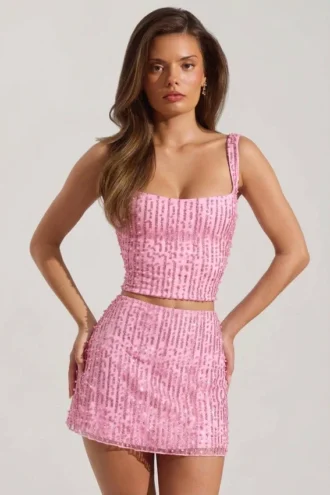 Jianna minikjol med dekor och låg midja i rosa