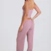 Joggingbyxor i ribbad stickning med vida ben i mauve