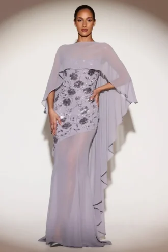 Jovelle genomskinlig draperad cape i chiffong i lila