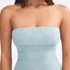 Jumpsuit i grovstickad bandeau med utsvängda ben i dammig blågrön