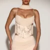 Junelle Embellished Lace-Up Corset Top med scarf i guld