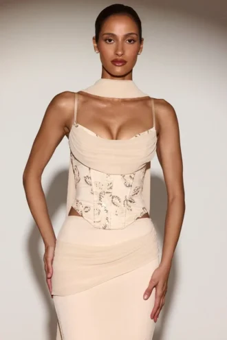 Junelle Embellished Lace-Up Corset Top med scarf i guld