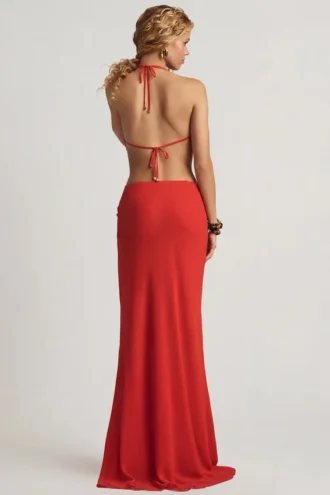 Keona mid-rise maxikjol med slits i Chilli Red