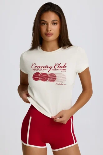 Kort T-shirt med tryck i elfenben