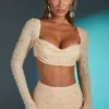 La Desirade Embellished Cowl Neck Crop Top i sand