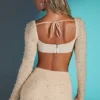 La Desirade Embellished Cowl Neck Crop Top i sand
