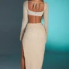 La Desirade Embellished Cowl Neck Crop Top i sand