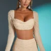 La Desirade Embellished Cowl Neck Crop Top i sand