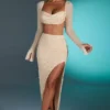 La Desirade Embellished Cowl Neck Crop Top i sand