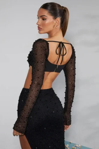 La Desirade Embellished Cowl Neck Crop Top i svart