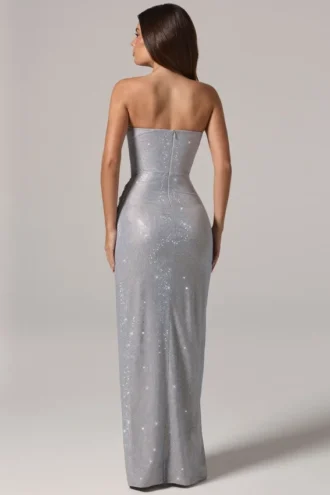 La Rochette Maxiklänning med bandeau-top och kåpa i midjan, silver