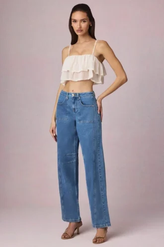 Bobbi Mid-Rise Barrel-Leg Jeans i mellblå tvätt