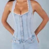 Lalita knäppt playsuit med halterneck i ljus denim