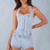Lalita knäppt playsuit med halterneck i ljus denim