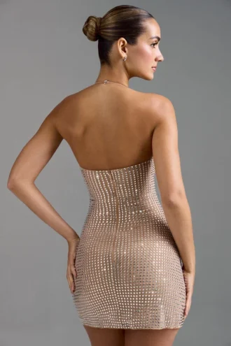 Lasma Embellished Halterneck A-Line Miniklänning i Almond