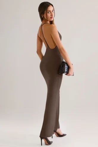 Leire Modal Plunge Backless Maxi Klänning i chokladbrunt