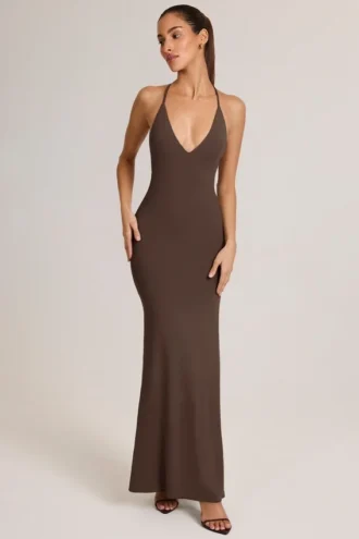 Leire Modal Plunge Backless Maxi Klänning i chokladbrunt