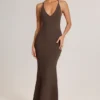 Leire Modal Plunge Backless Maxi Klänning i chokladbrunt
