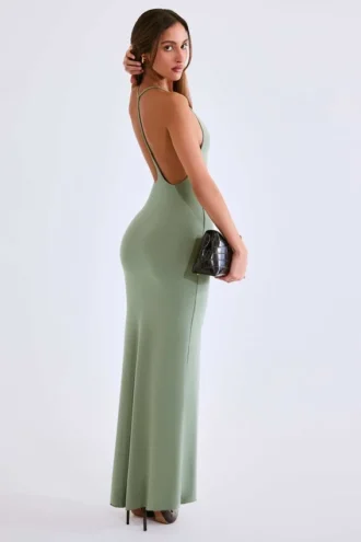 Leire Modal Plunge Backless Maxi Klänning i salviagrön