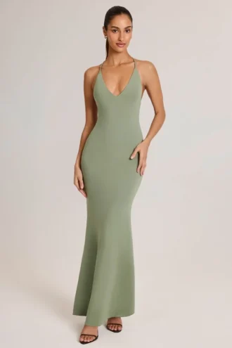 Leire Modal Plunge Backless Maxi Klänning i salviagrön