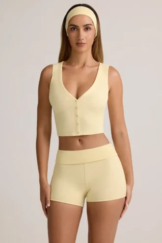 Lene Modal Ribbad Knäppt Väst i Buttercream Yellow