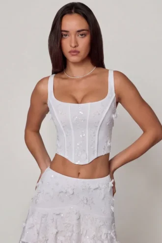 Letitia Embellished Lace-Up Corset Top i vitt