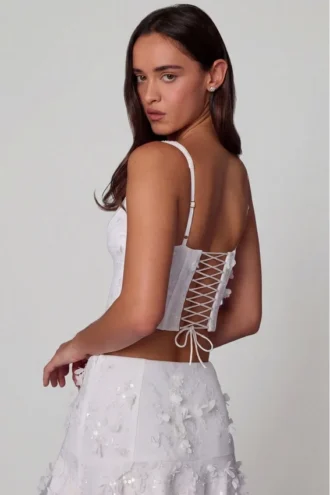 Letitia Embellished Lace-Up Corset Top i vitt