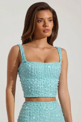 Lirael Embellished Square-Neck Crop Top i aquablått