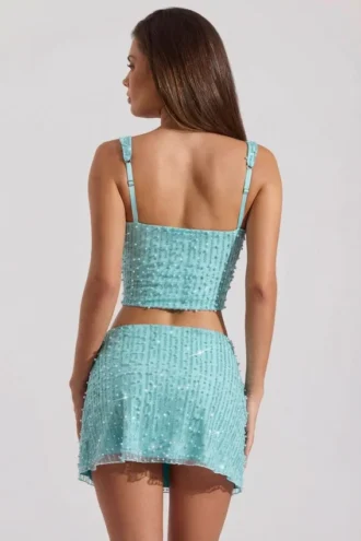 Lirael Embellished Square-Neck Crop Top i aquablått