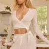 Lou Pointelle Wrap Crop Top i vitt