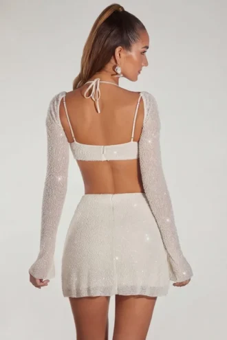 Lucerne Embellished Long Sleeve Crop Top i Ivory