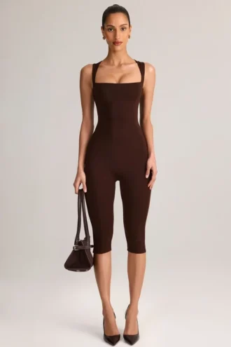 Luma Modal Bodycon-jumpsuit med fyrkantig halsringning i chokladbrunt