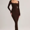 Lux Modal Bodycon-maxiklänning med fyrkantig halsringning i chokladbrunt