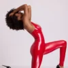 Lynx Vinyl Plunge Neck Catsuit i Fire Red