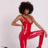 Lynx Vinyl Plunge Neck Catsuit i Fire Red