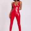 Lynx Vinyl Plunge Neck Catsuit i Fire Red