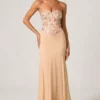 Lysana Embellished Corset Fishtail Gown i Floral Beige