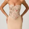 Lysana Embellished Corset Fishtail Gown i Floral Beige